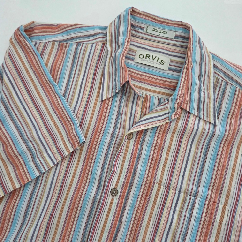 Orvis Button Down Shirt Multi-Color Striped Short Sleeve Mens Large